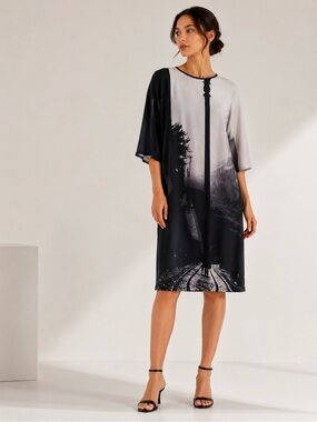 Antonio Berardi Silk Scenic Print Shift Dress Black White Sz 6